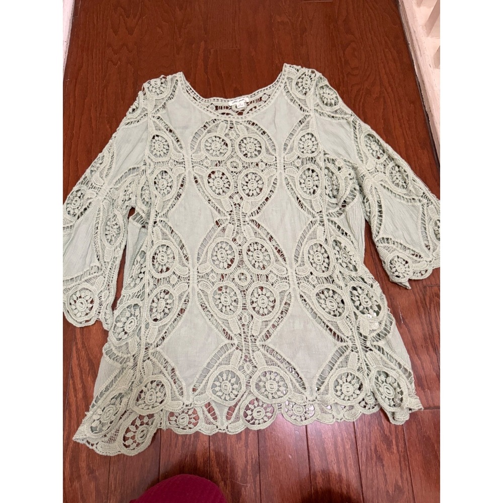 Ultra Pink Sage Green Crochet Lace Boho Tunic Top Bell Sleeve Womens Medium